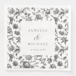 Guardanapo De Papel De Jantar Casamento Antiquado de Banho Floral Preto e Branco