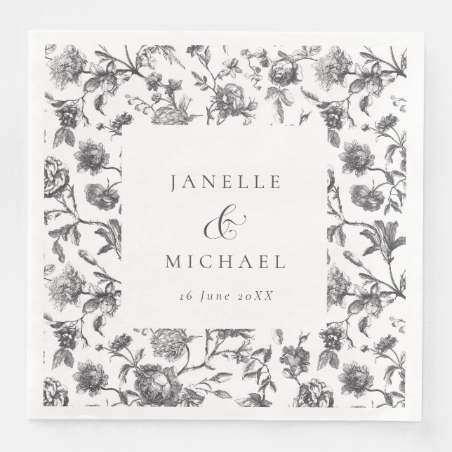 Guardanapo De Papel De Jantar Casamento Antiquado de Banho Floral Preto e Branco (Frente)