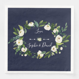 Guardanapo De Papel De Jantar Casamento Azul Branco Floral Escuro-Escuro Elegant