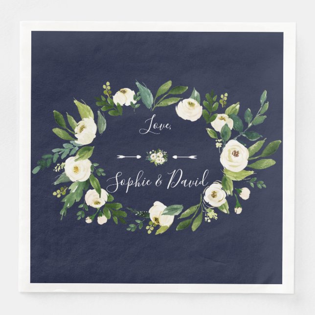 Guardanapo De Papel De Jantar Casamento Azul Branco Floral Escuro-Escuro Elegant (Frente)