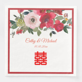 Guardanapo De Papel De Jantar Casamento chinês moderno floral cor-de-rosa-vermel