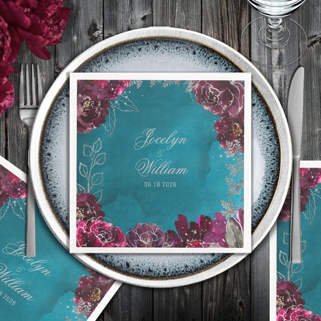 Guardanapo De Papel De Jantar Casamento com Aqua Teal Merlot Jewel Tone (Aqua Teal Merlot Jewel Tone Wedding Square Paper Dinner Napkin)