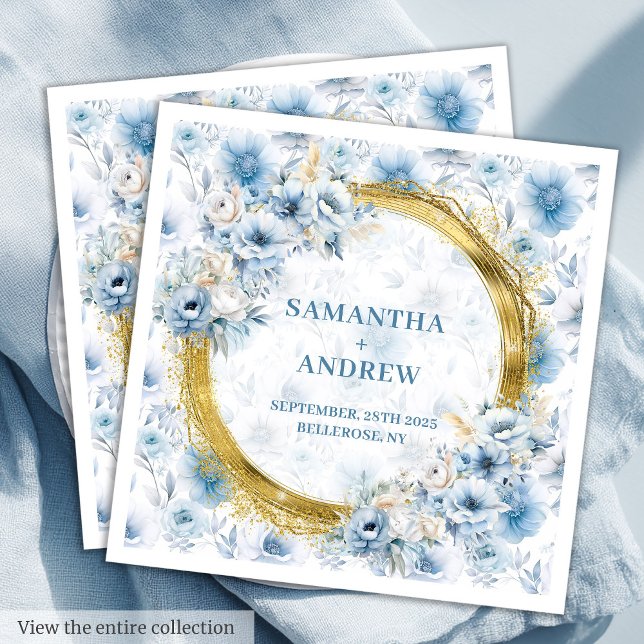 Guardanapo De Papel De Jantar Casamento com o sotaque Dourado Romântico Boêmian  (Romantic Bohemian Dusty Blue Gold Accent Wedding Paper Dinner Napkins)