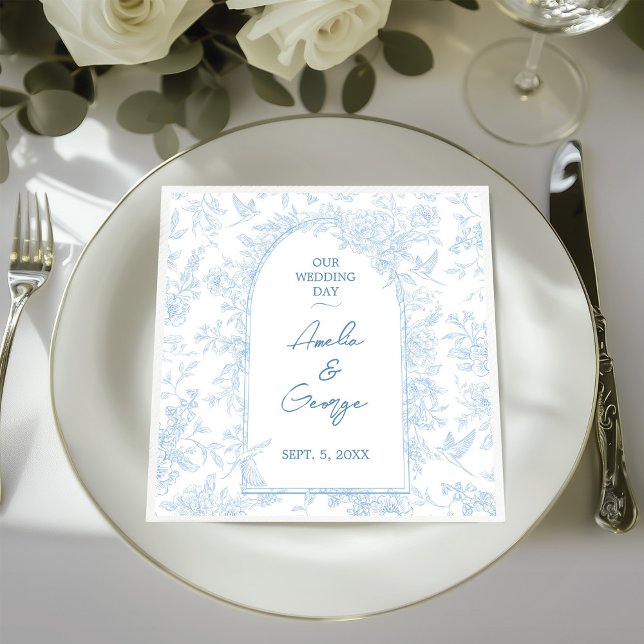Guardanapo De Papel De Jantar Casamento de Azul e Branco - Toile Francês (French Toile Inspired Wedding Paper Napkin)