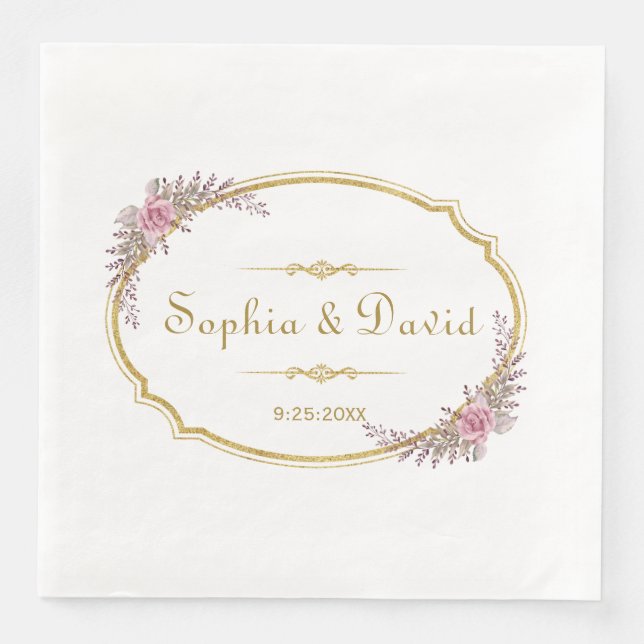 Guardanapo De Papel De Jantar Casamento de Frame Dourado Floral do Blush Elegant (Frente)