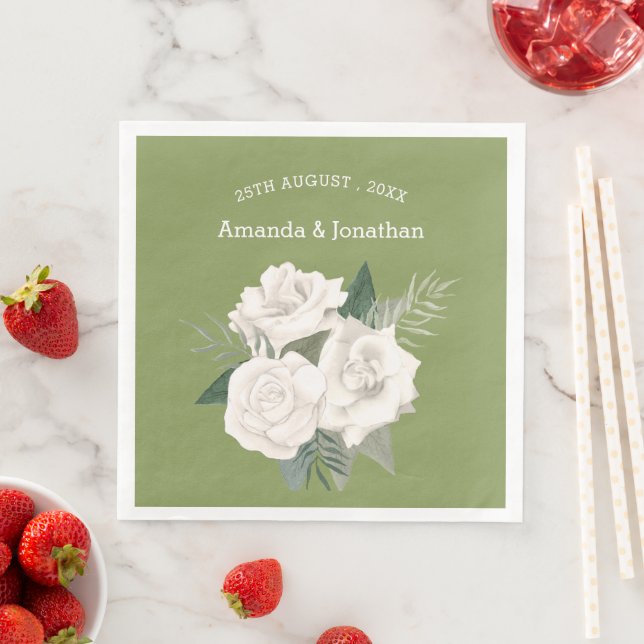 Guardanapo De Papel De Jantar Casamento de Rosas Brancas Verdes e Verdes Elegant (Insitu)