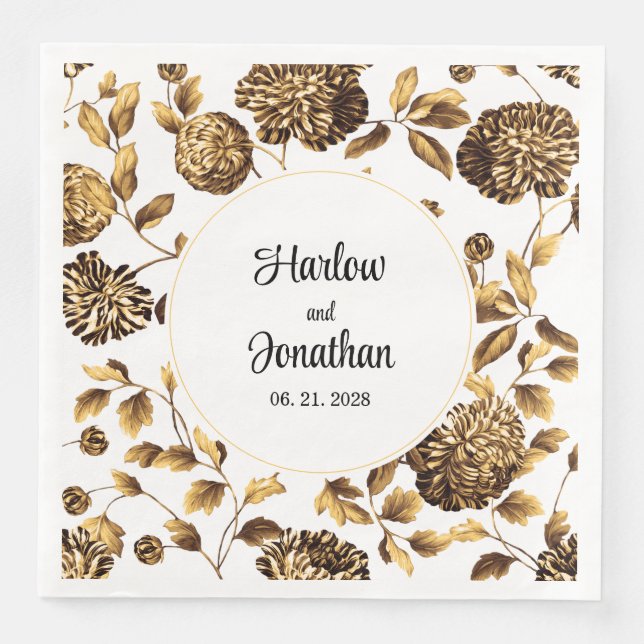 Guardanapo De Papel De Jantar Casamento De Vinha Floral, Branco E Dourado (Frente)