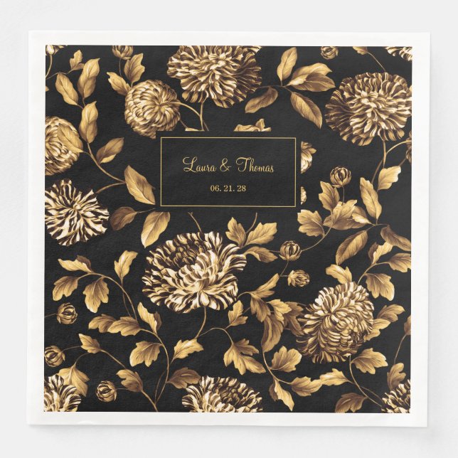 Guardanapo De Papel De Jantar Casamento De Vinha Floral Preta E Dourada (Frente)