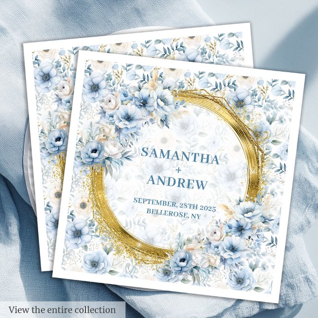 Guardanapo De Papel De Jantar Casamento Dourado Radiante Pastel Azul Pastel Napk (Elegant Watercolor Dusty Blue Gold Wedding Napkins)