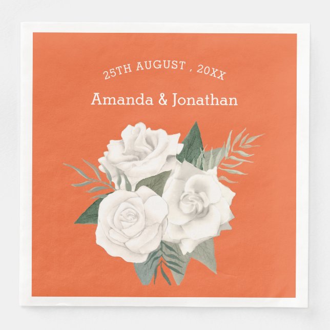 Guardanapo De Papel De Jantar Casamento Elegante de Rosas Laranja e Brancas (Frente)