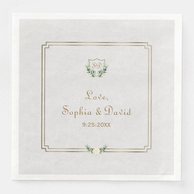 Guardanapo De Papel De Jantar Casamento Real Dourado Crest Lush Greenery (Frente)