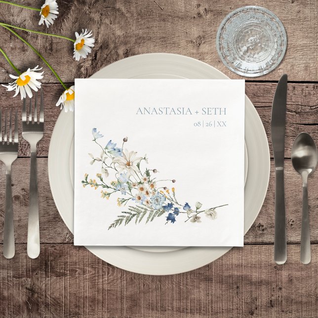 Guardanapo De Papel De Jantar Casamento Rustic Dusty Blue Selvagens & Daisies (Rustic Dusty Blue Wildflowers & Daisies Wedding Dinner Napkin)