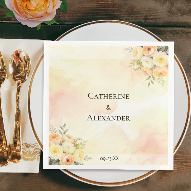 Guardanapo De Papel De Jantar Casamento Rústico Boho com Rosas em Aquarela (An elegant paper napkin for a wedding reception, with rustic roses, couple's name and wedding date)