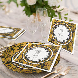 Guardanapo De Papel De Jantar Casamento tema damasco branco e Dourado elegante