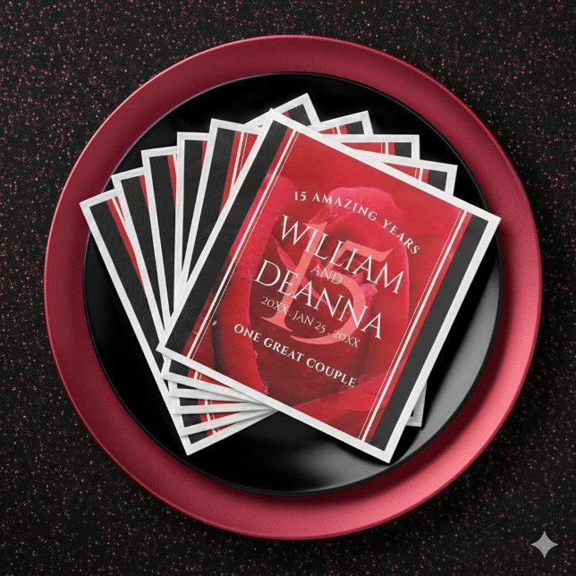 Guardanapo De Papel De Jantar Celebração do Aniversário de Casamento de Rosa 15  (Elegant 15th Rose Wedding Anniversary Napkins Cover Photo)