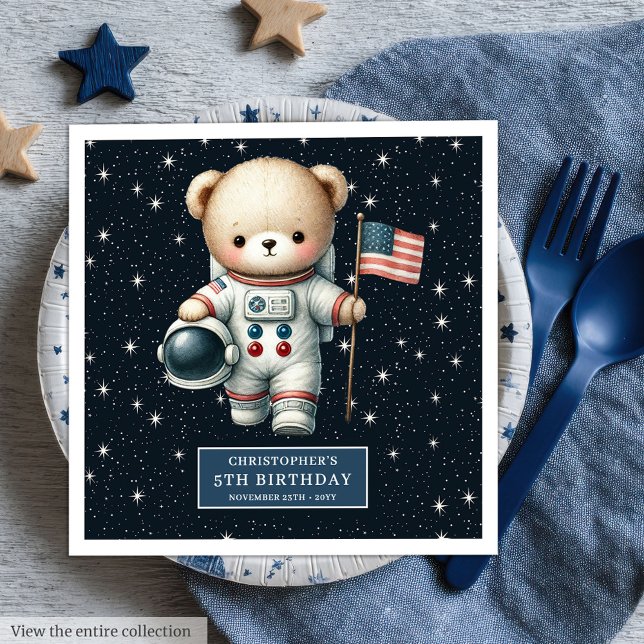 Guardanapo De Papel De Jantar Chá de fraldas Astronauta Ursinho Napkins Personal (Baby Shower Astronaut Teddy Napkins Personalized Cute)