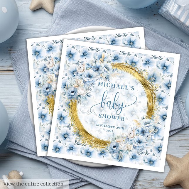 Guardanapo De Papel De Jantar Chá de fraldas de ouro herbáceo pastel azul-herbác (Elegant boho pastel blue flowers gold baby shower Paper Dinner Napkins)