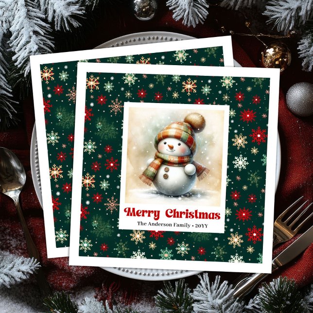 Guardanapo De Papel De Jantar Cheerful Christmas Snowman Napkins Custom Name  (Bright funny snowman watercolor kids napkins)