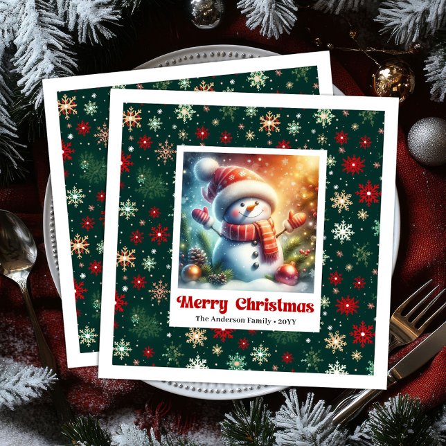 Guardanapo De Papel De Jantar Cheerful Christmas snowman with snowflakes kids  (Cheerful Christmas snowman with snowflakes kids napkins)