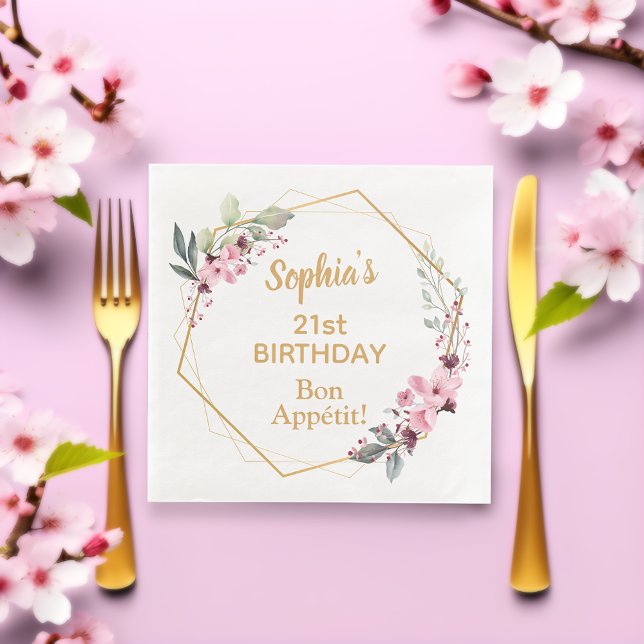 Guardanapo De Papel De Jantar Cherry Blossom aniversário de 21 anos do Partido J (Elegant cherry blossom and gold birthday party paper napkins.)
