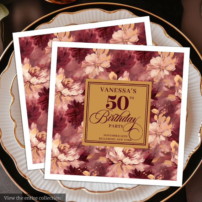 Guardanapo De Papel De Jantar Chic Boho Marsala Blush Dourado 50º Aniversário Na (Chic Boho Marsala Blush Gold 50th Birthday Napkin)