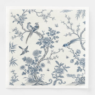 Guardanapo De Papel De Jantar Chinoiserie Floral Pássaro Azul Desbotado e Branco