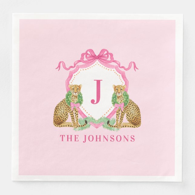 Guardanapo De Papel De Jantar Christmas Wreath Leopard Crest Monogram  (Frente)