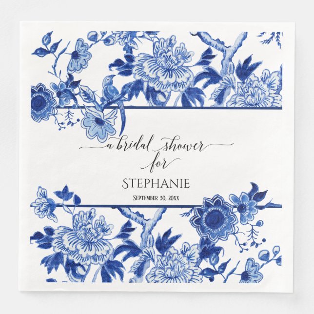 Guardanapo De Papel De Jantar Chuva de Bênçãos Azul Chinoiserie Floral Aquarela (Frente)