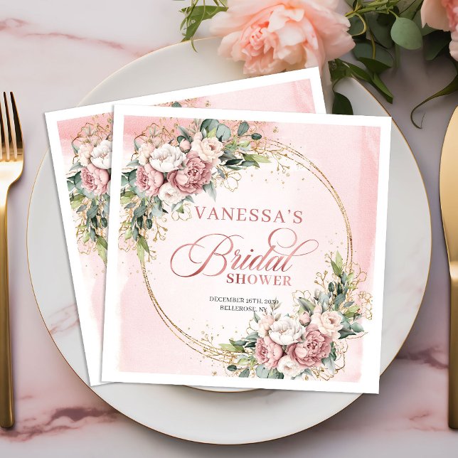 Guardanapo De Papel De Jantar Chuva de Noiva Floral Rosa Poeira Aquarela Rústica (Rustic Watercolor Dusty Pink Floral Bridal Shower Napkins)