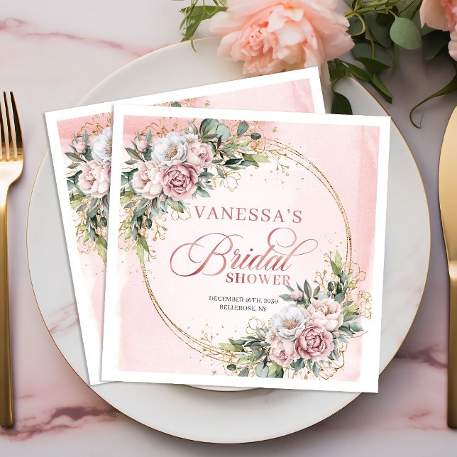 Guardanapo De Papel De Jantar Chuveiro de noiva floral rosa poeira com detalhes  (Charming rose gold dusty pink floral bridal shower napkins

)