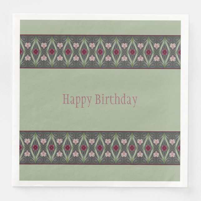 Guardanapo De Papel De Jantar Cinzas Escuras Verdes E Flores Rosa (Frente)