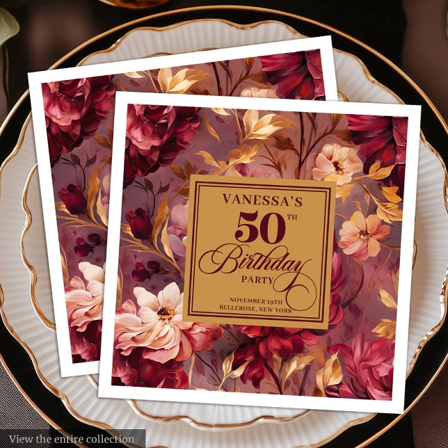 Guardanapo De Papel De Jantar Clássico Borgonha Blush Dourado Floral 50º Anivers (Classic Burgundy Blush Gold Floral 50th Birthday Paper Dinner Napkins)