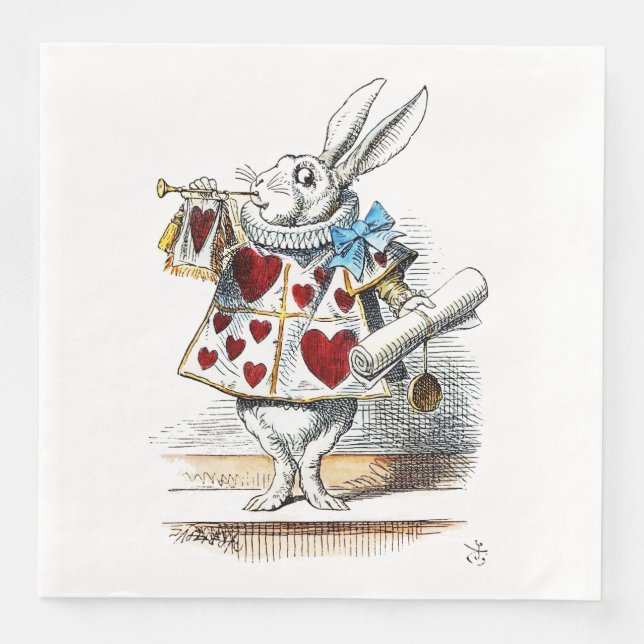 Guardanapo De Papel De Jantar Coelho Branco Alice Wonderland Hearts (Frente)