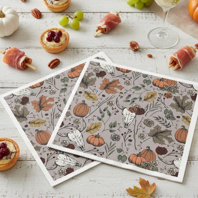 Guardanapo De Papel De Jantar Colheita de Cobra de Ação de Graças (Elegant Taupe Gray Fall Cow Skulls Thanksgiving Paper Napkins. Unique Rustic Pumpkins, Autumn Leaves)