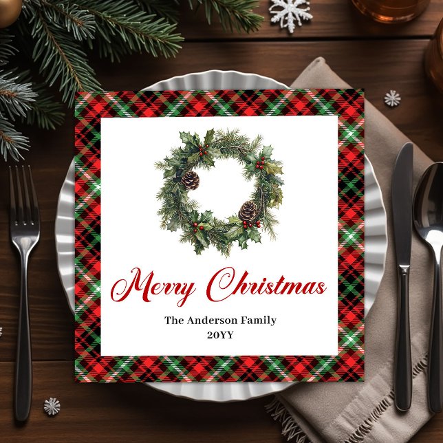 Guardanapo De Papel De Jantar Conjunto de Aquarela de Grinalda de Natal Xadrez V (Watercolor Christmas Wreath Red Green Plaid Set Paper Dinner Napkins)