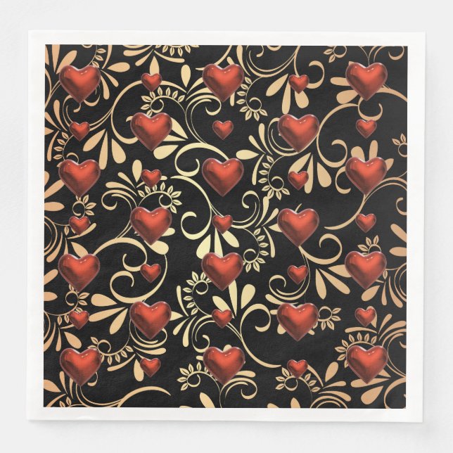 Guardanapo De Papel De Jantar Corações Vermelhos 3D Dourados e Pretos (Frente)