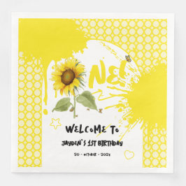 Guardanapo De Papel De Jantar Cores d'água Girassol com primeiro aniversario de 