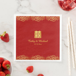 Guardanapo De Papel De Jantar Cortado vermelho e ouro floral de rosa de casament