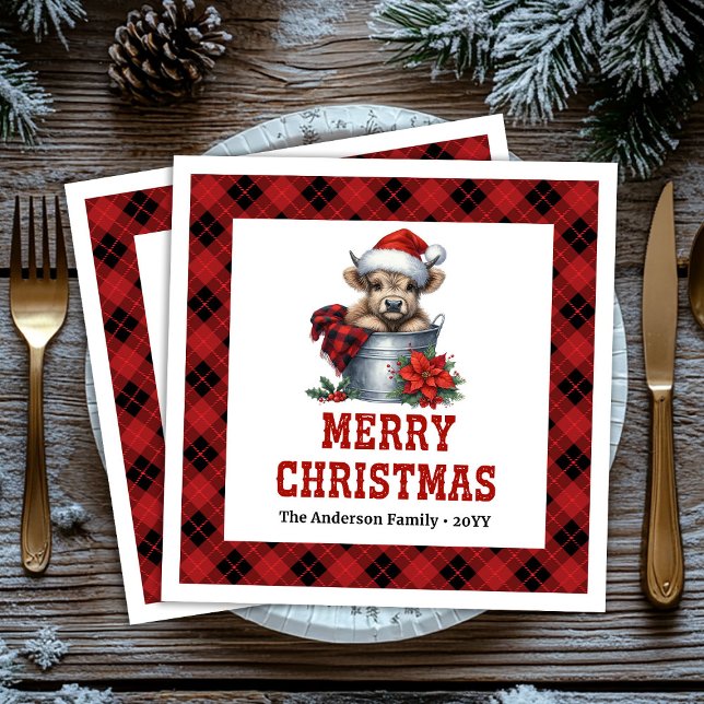 Guardanapo De Papel De Jantar Cozy highland cow red black tartan holiday napkins (Cozy highland cow red black tartan holiday napkin)