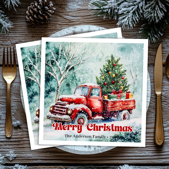 Guardanapo De Papel De Jantar Cozy red truck Christmas scene rustic party napkin (Cozy red truck Christmas scene rustic party napkins)