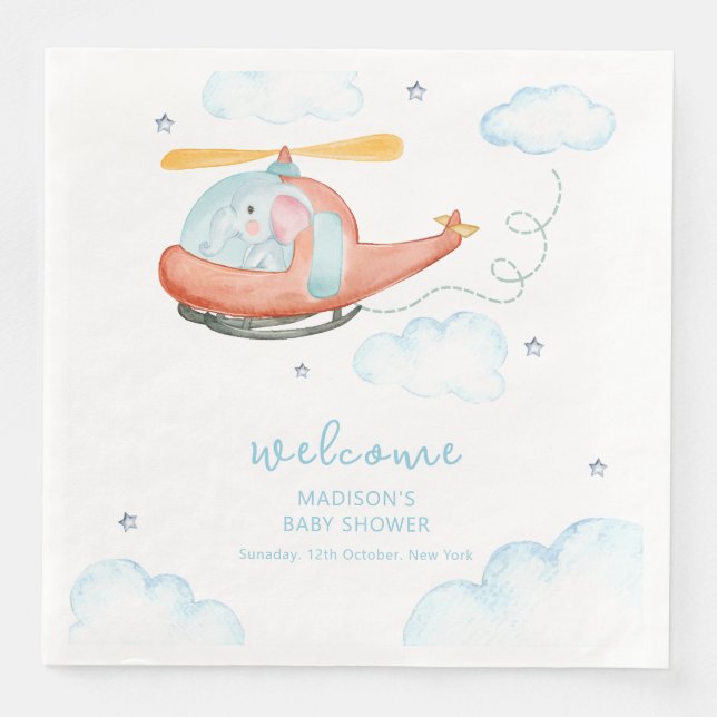 Guardanapo De Papel De Jantar Cute Blue Elephant Helicopter Baby Shower Welcome  (Frente)