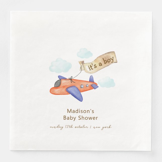Guardanapo De Papel De Jantar Cute Boy Minimal Aviator Airplane Baby Shower  (Frente)