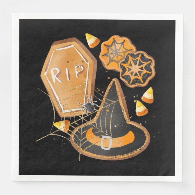 GUARDANAPO DE PAPEL DE JANTAR CUTE HALLOWEEN WITCHES HAT COFFIN SPIDER WEBS (Frente)