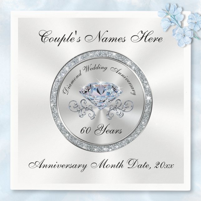 Guardanapo De Papel De Jantar Diamond, 60 anos Napkins personalizado (60th Anniversary Napkins. Personalised Diamond Anniversary Party Supplies. 60th wedding anniversary.)