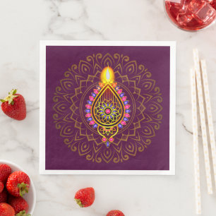 Guardanapo De Papel De Jantar Diwali Jeweled Diya Candle Design Mandala Purple 
