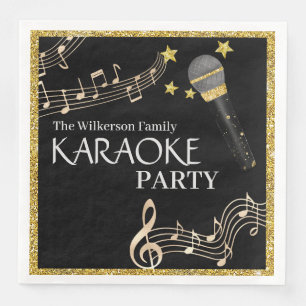 Guardanapo De Papel De Jantar Dourada Glitter Black Microphone Music Karaoke Par