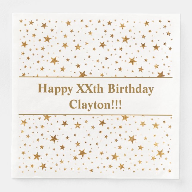 Guardanapo De Papel De Jantar Douradas estrelas com mensagem de aniversário (Frente)