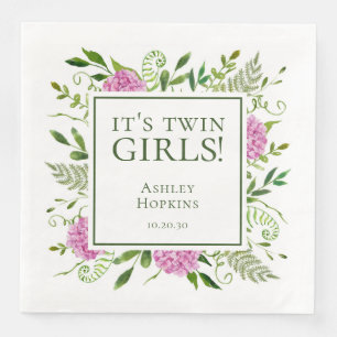 Guardanapo De Papel De Jantar É Chás de Bebê de Gêmeas Meninas Hortênsias Rosa