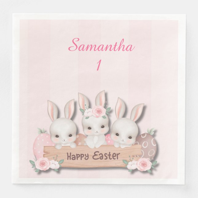 Guardanapo De Papel De Jantar Easter Dinner Napkins - Kawaii Bunnies & Roses (Frente)