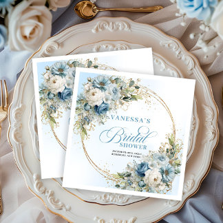 Guardanapo De Papel De Jantar Elegant dusty blue florals eucalyptus gold party 